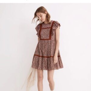 Madewell Brown A-line Mini Dress with Flutter Sleeves